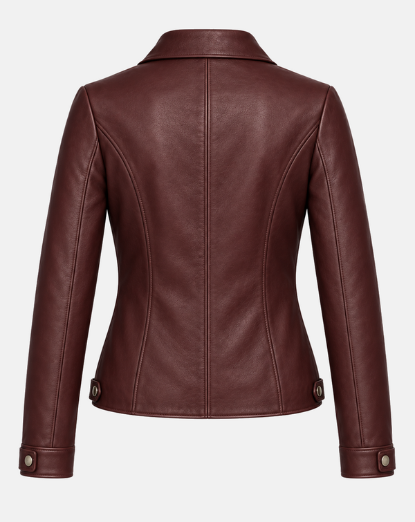 Women's Oxblood Lambskin Leather Jacket with Point Collar