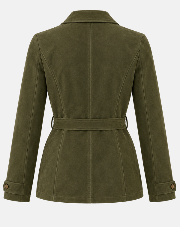Women's Deep Olive Goatskin Suede Belted Safari Jacket