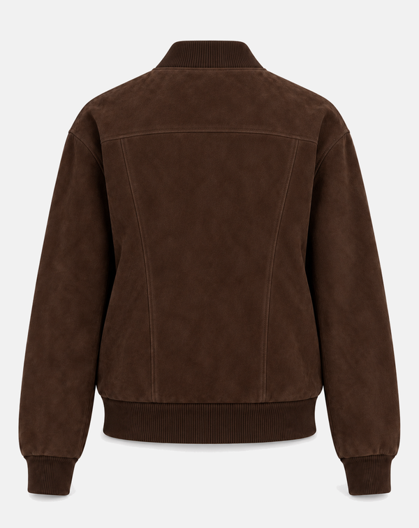 Women's Espresso Brown Goatskin Suede Bomber Jacket