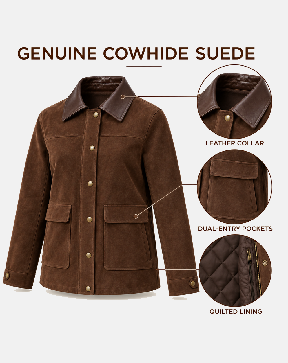 Women's genuine suede chore jacket features and material details
