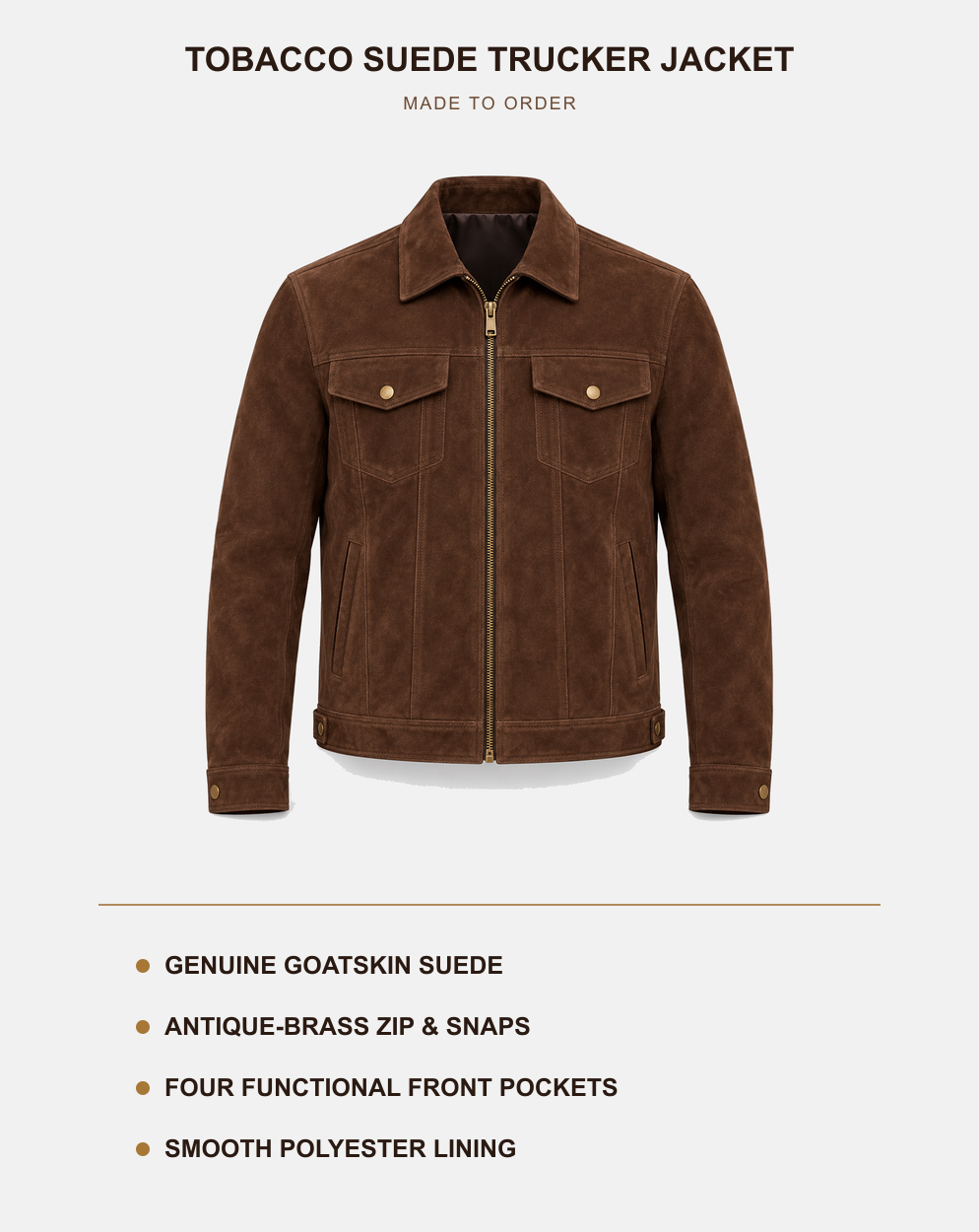 Men's goatskin suede trucker jacket features and material details