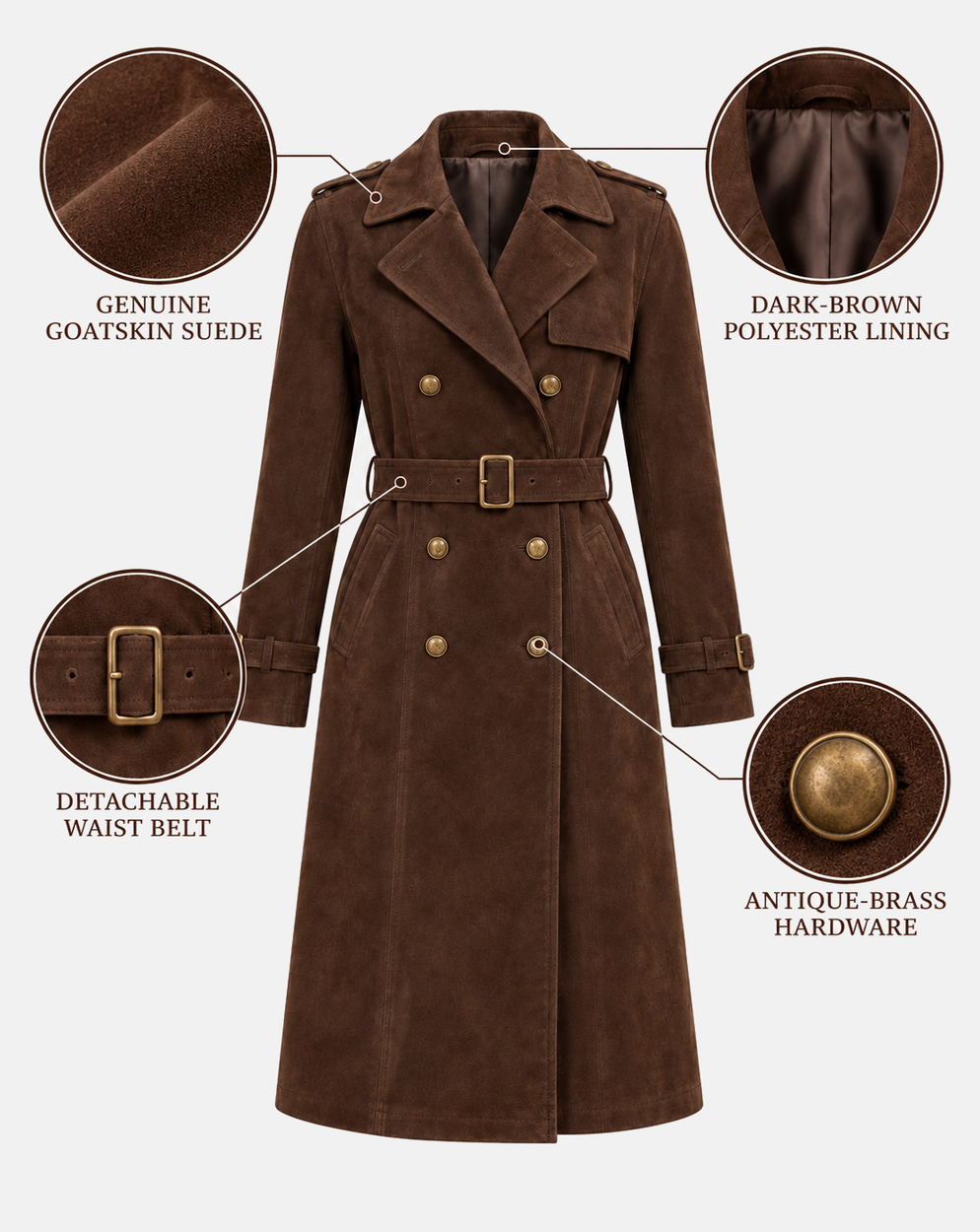 Women’s dark chocolate goatskin suede trench coat features and construction details