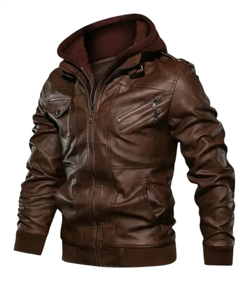 Men's Lambskin Leather Bomber Jacket | Removable Hood, Rib-Knit Cuffs, Multi-Pocket | Genuine Motorcycle Biker Jacket – Brown Black