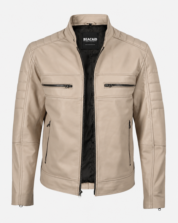 Beige Leather-Look Cafe Racer Jacket