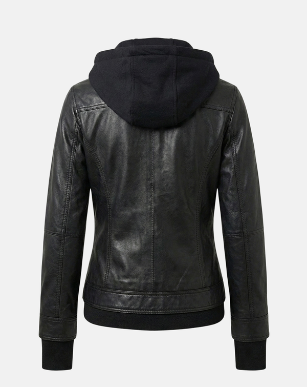 Black Hooded Leather-Look Trucker Jacket