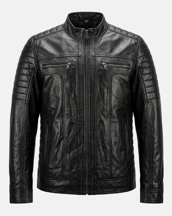 Black Quilted-Shoulder Leather-Look Racer Jacket