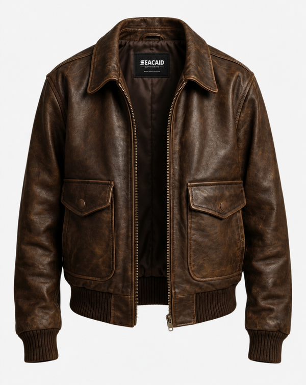 Distressed Brown Leather-Look Bomber Jacket