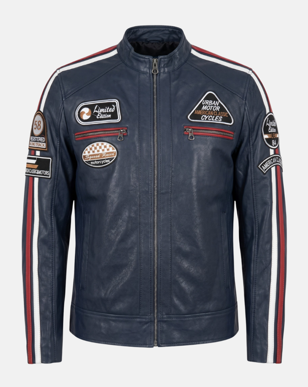 Navy Striped Racing Jacket with Patches