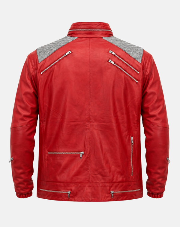 Red Leather-Look Racer Jacket with Grey Panels