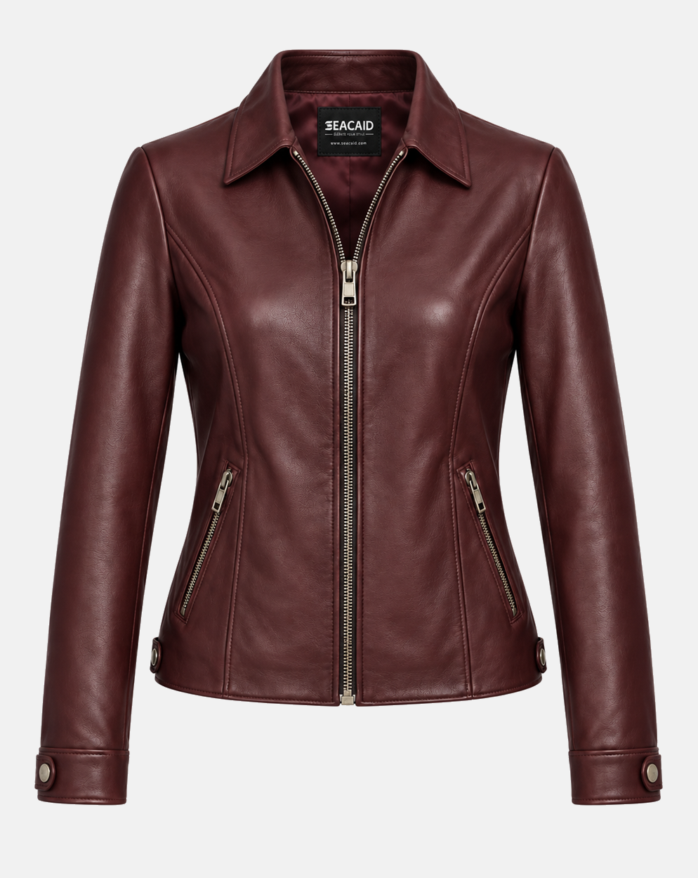 Women's oxblood lambskin leather jacket with point collar, front view