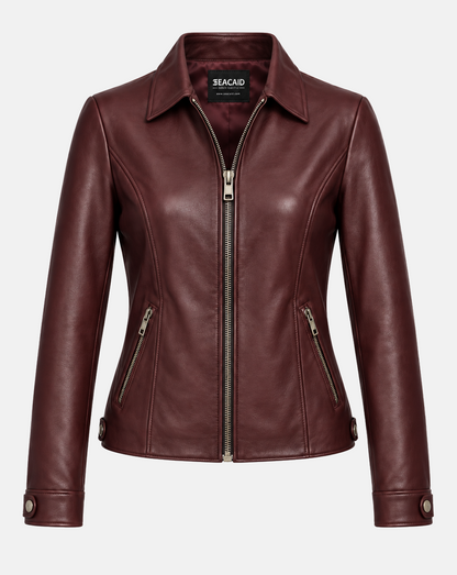 Women's oxblood lambskin leather jacket with point collar, front view