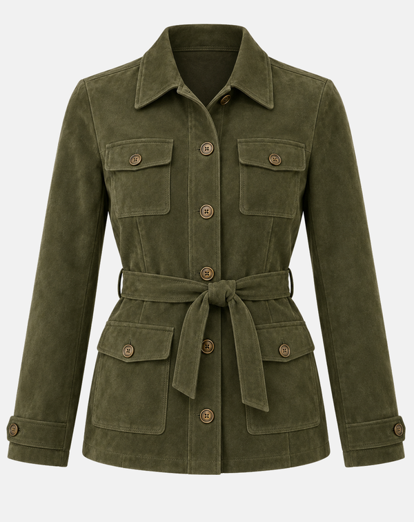 Women's Deep Olive Goatskin Suede Belted Safari Jacket