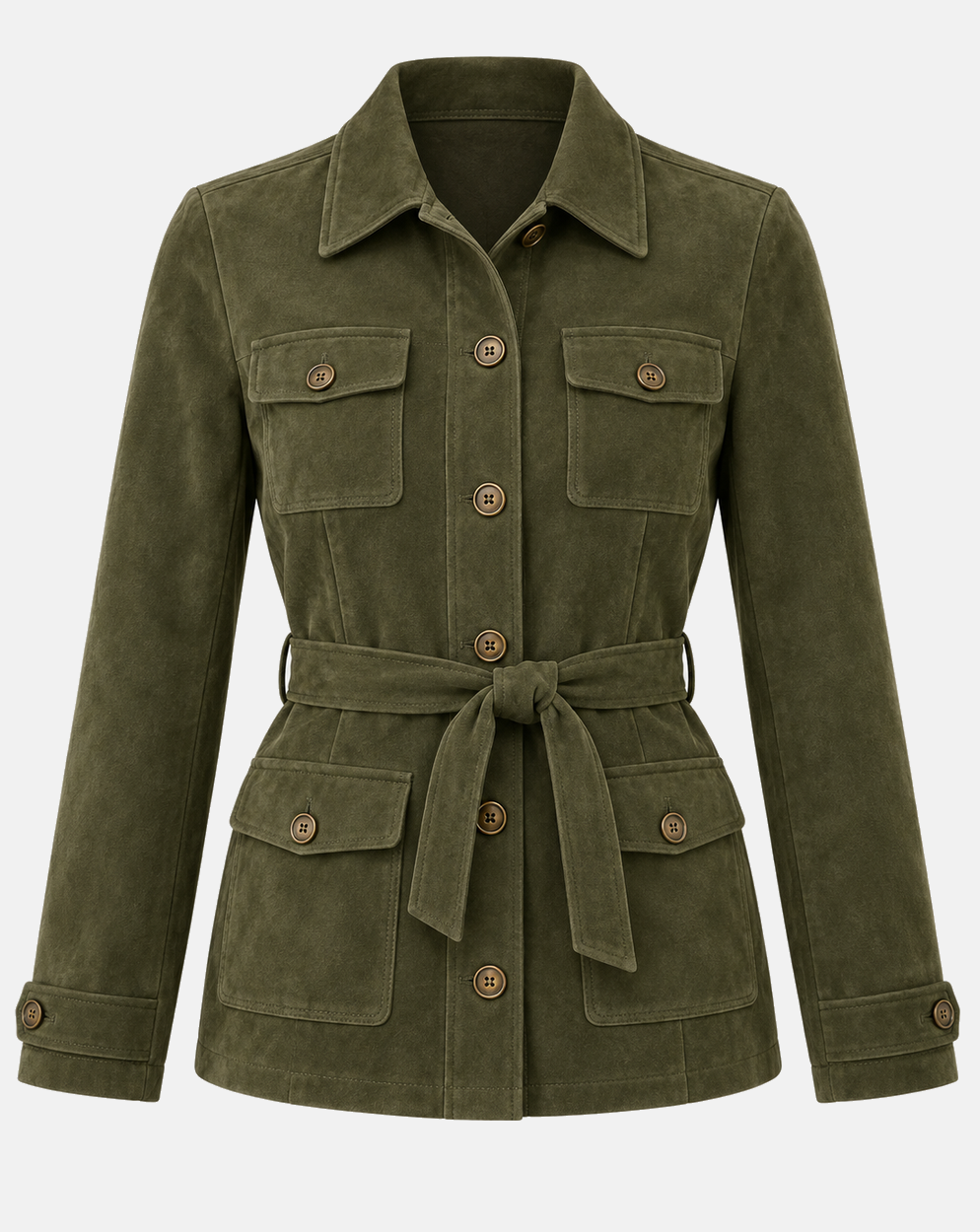Women's deep olive goatskin suede belted safari jacket front view