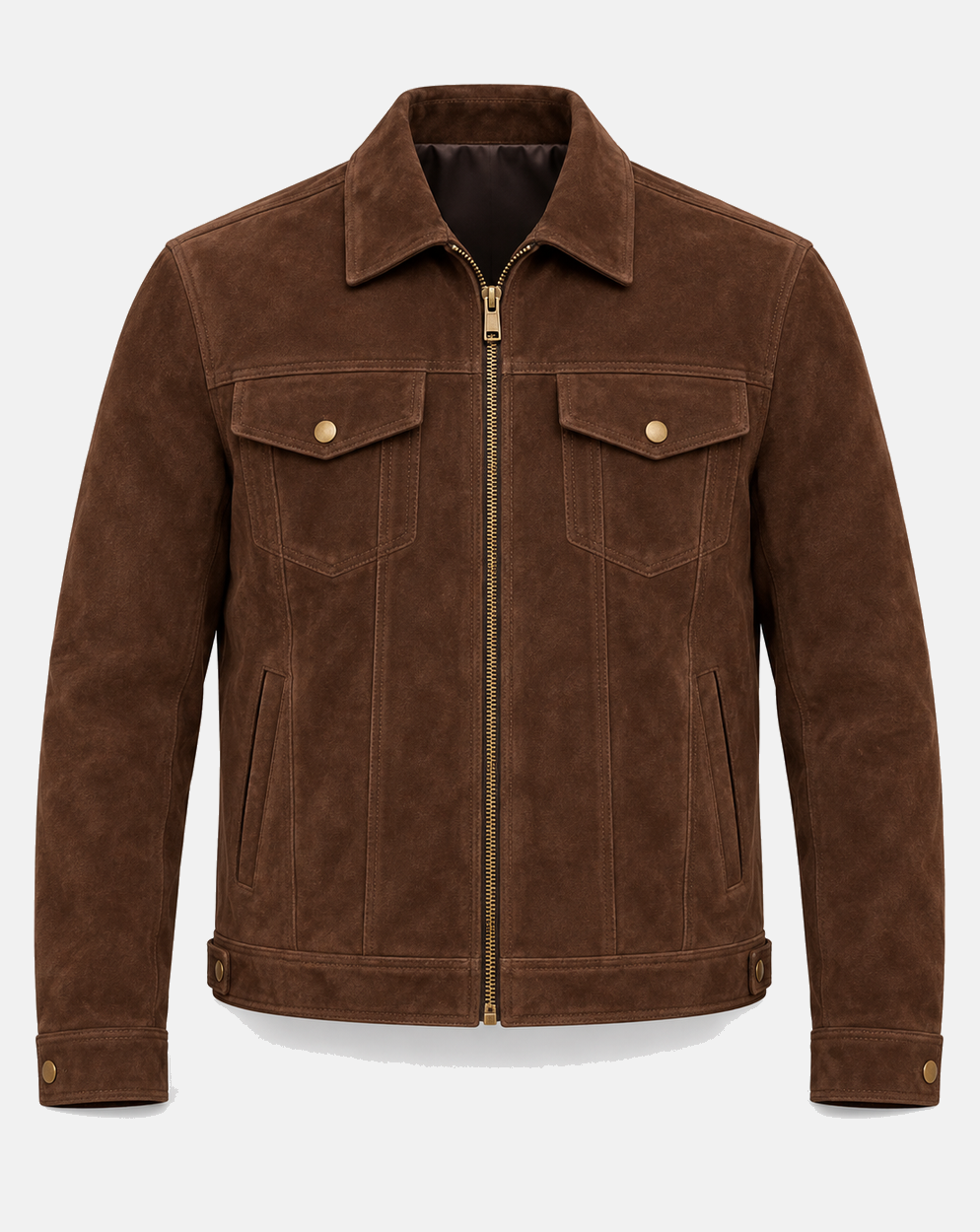 Men's tobacco brown goatskin suede trucker jacket front view