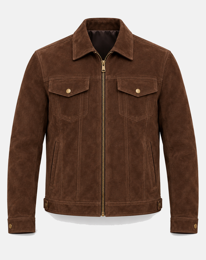 Men's tobacco brown goatskin suede trucker jacket front view