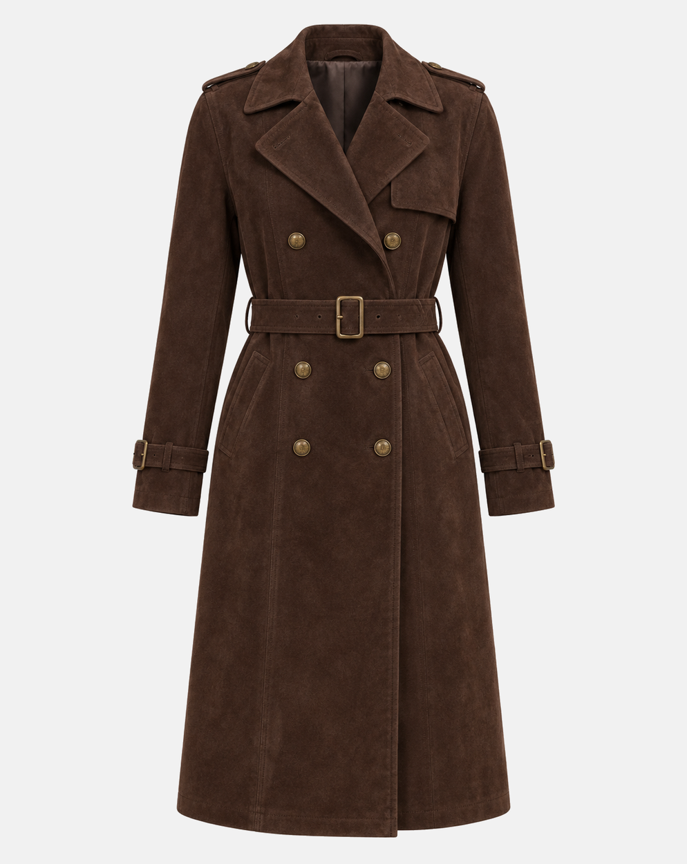 Women’s dark chocolate goatskin suede belted trench coat front view