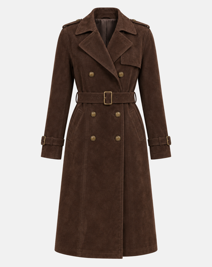 Women’s dark chocolate goatskin suede belted trench coat front view