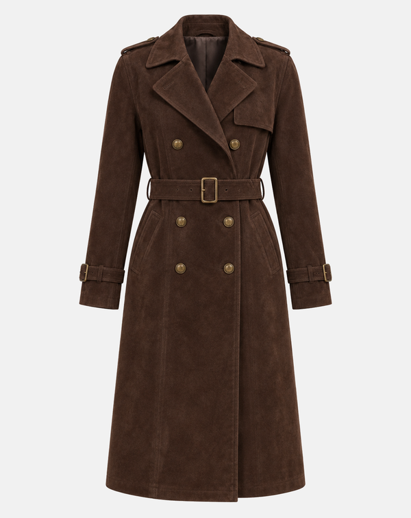 Women’s Dark Chocolate Goatskin Suede Belted Trench Coat