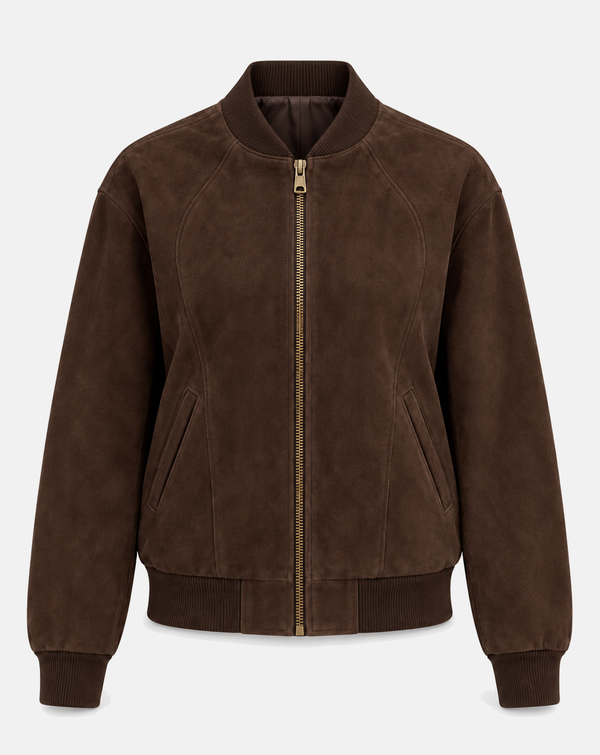 Women's Espresso Brown Goatskin Suede Bomber Jacket