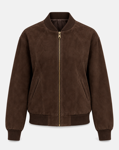 Women's espresso brown goatskin suede bomber jacket front view