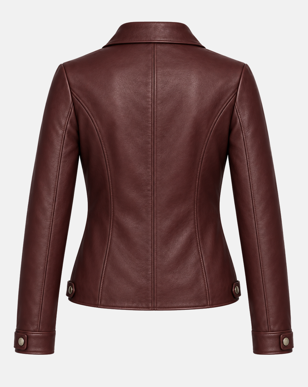 Back of women's oxblood leather jacket showing shaped seams and side tabs