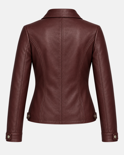 Back of women's oxblood leather jacket showing shaped seams and side tabs