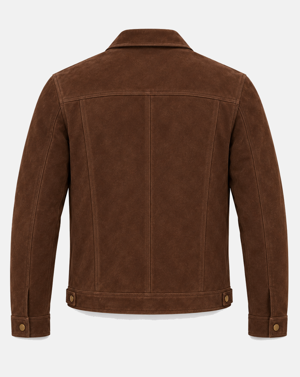 Back of men's tobacco brown goatskin suede trucker jacket with shaping seams