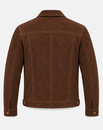 Back of men's tobacco brown goatskin suede trucker jacket with shaping seams
