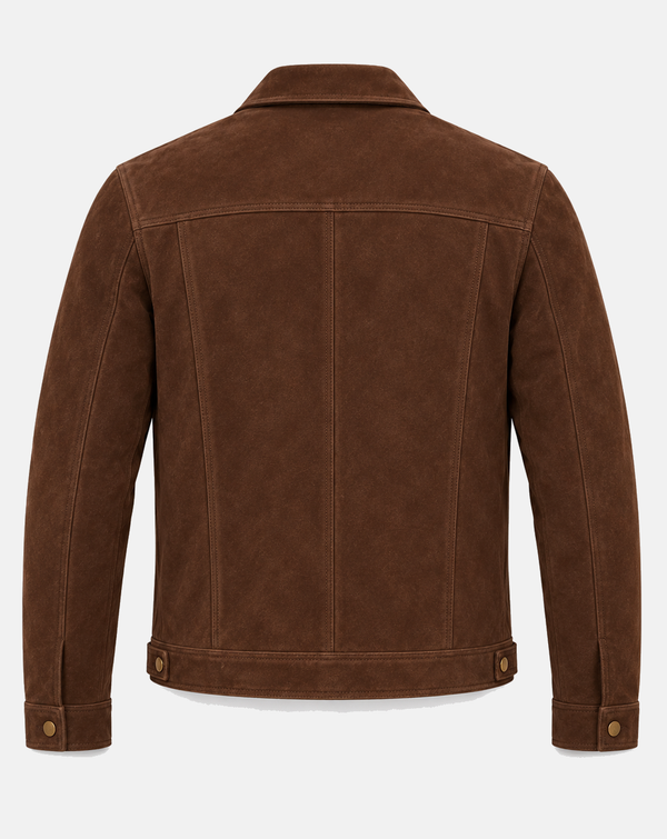 Men's Tobacco Brown Goatskin Suede Trucker Jacket