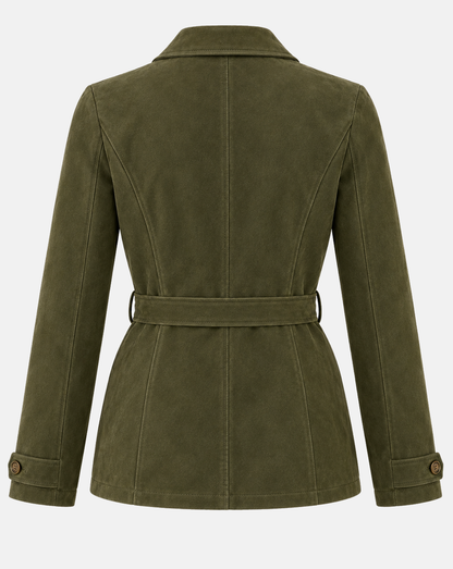 Back of women's olive suede safari jacket with waist belt