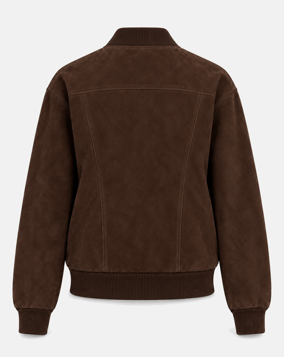Back of women's espresso brown suede bomber jacket with rib-knit hem