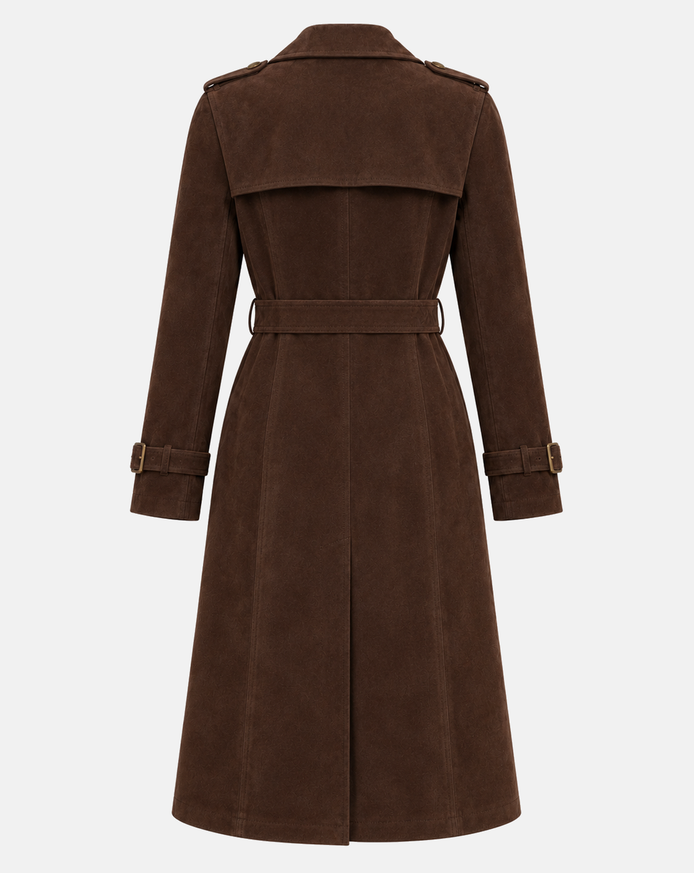 Women’s dark chocolate goatskin suede belted trench coat back view