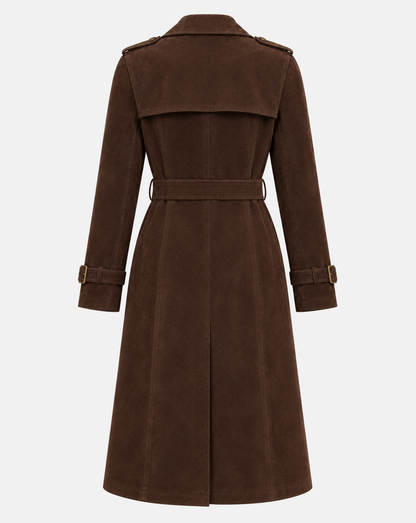 Women’s dark chocolate goatskin suede belted trench coat back view