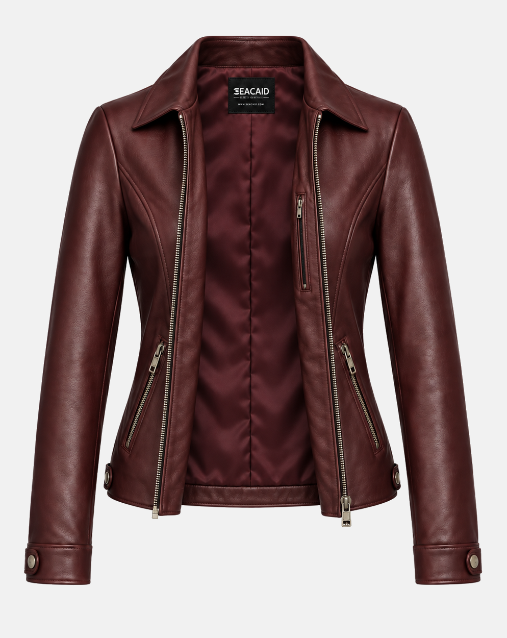 Oxblood leather jacket open to show matching polyester lining and inner zip pocket
