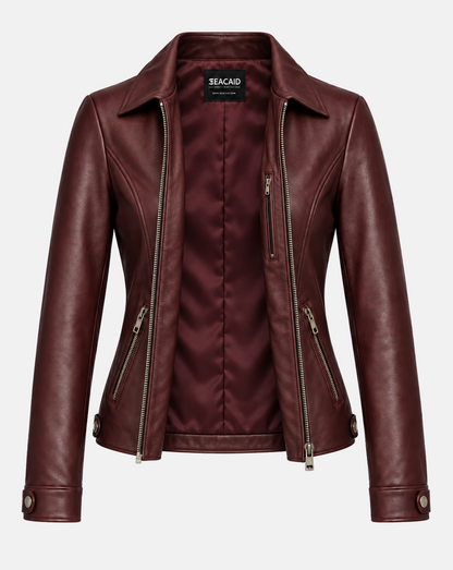 Oxblood leather jacket open to show matching polyester lining and inner zip pocket