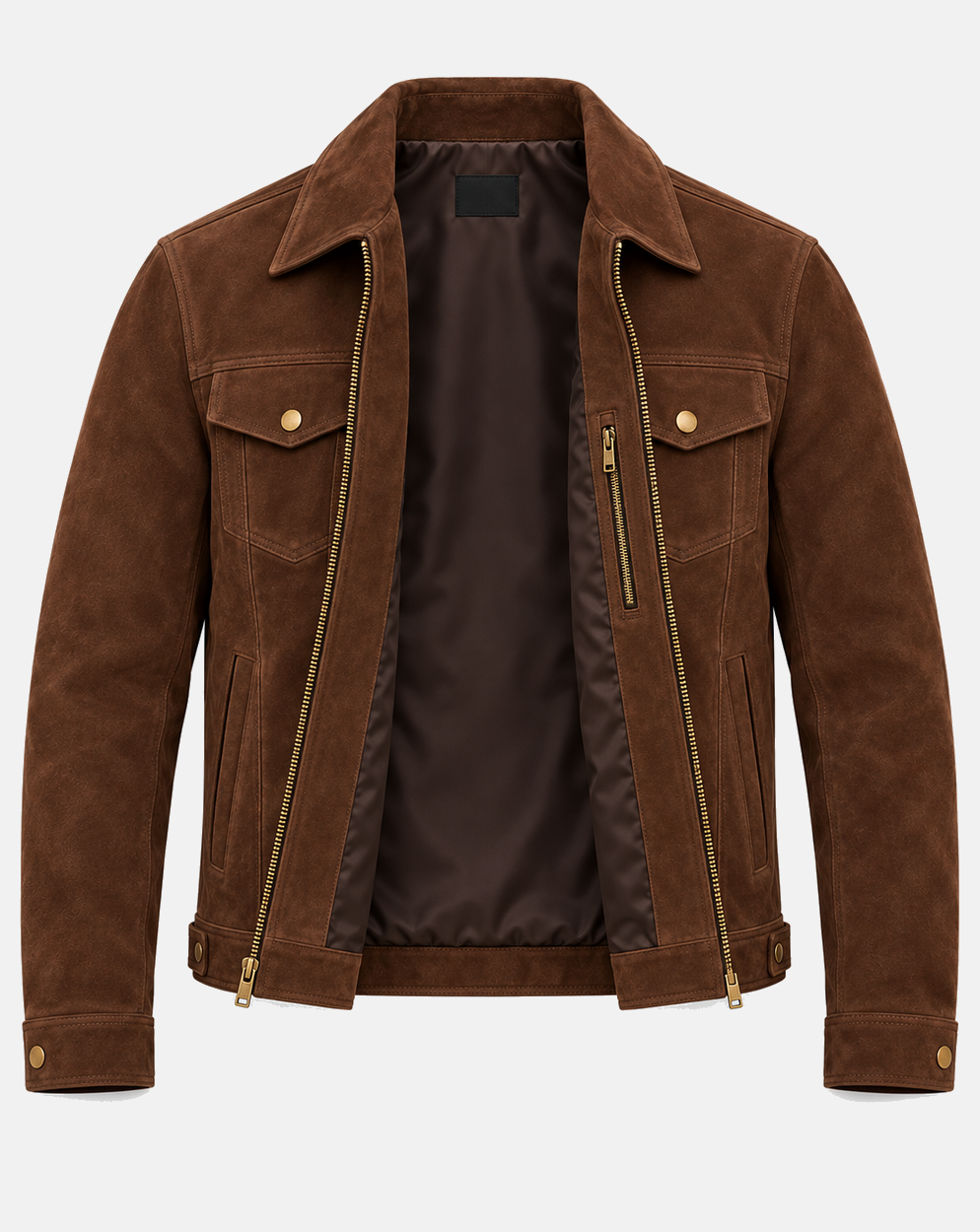 Men's tobacco suede trucker jacket open interior with polyester lining