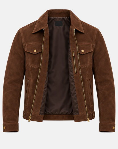 Men's tobacco suede trucker jacket open interior with polyester lining