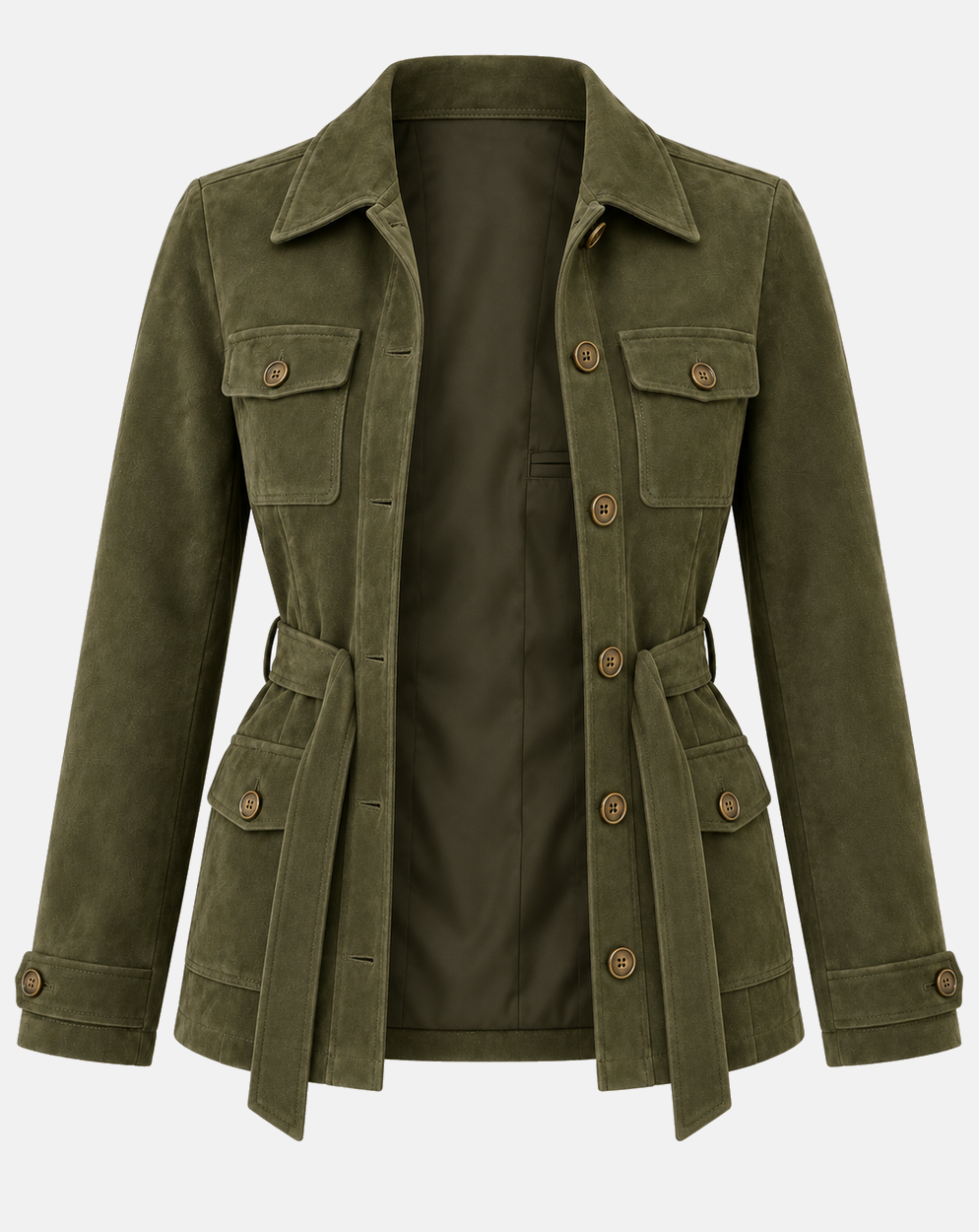 Women's olive goatskin suede safari jacket open interior with polyester lining