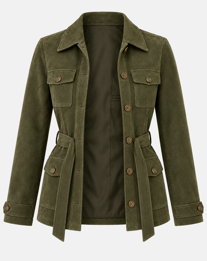 Women's olive goatskin suede safari jacket open interior with polyester lining