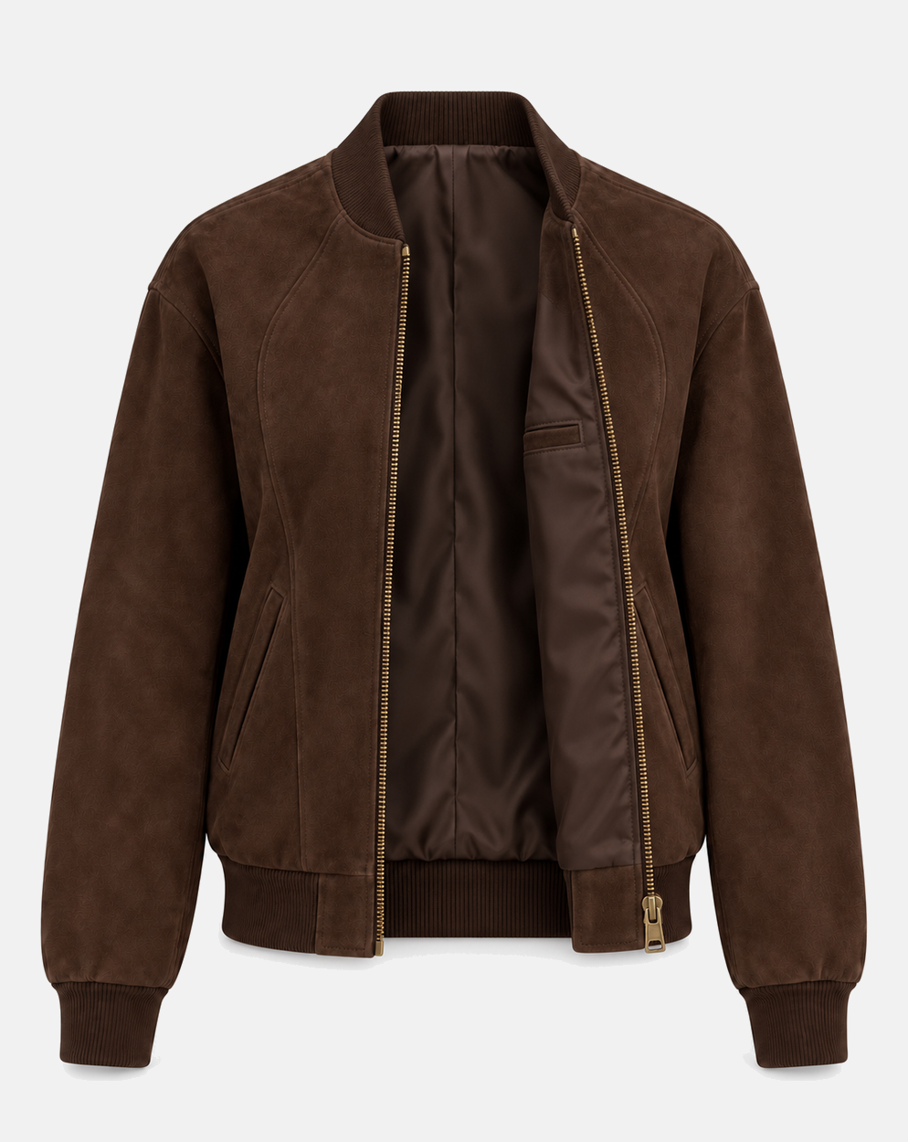 Women's espresso brown suede bomber jacket open interior with polyester lining