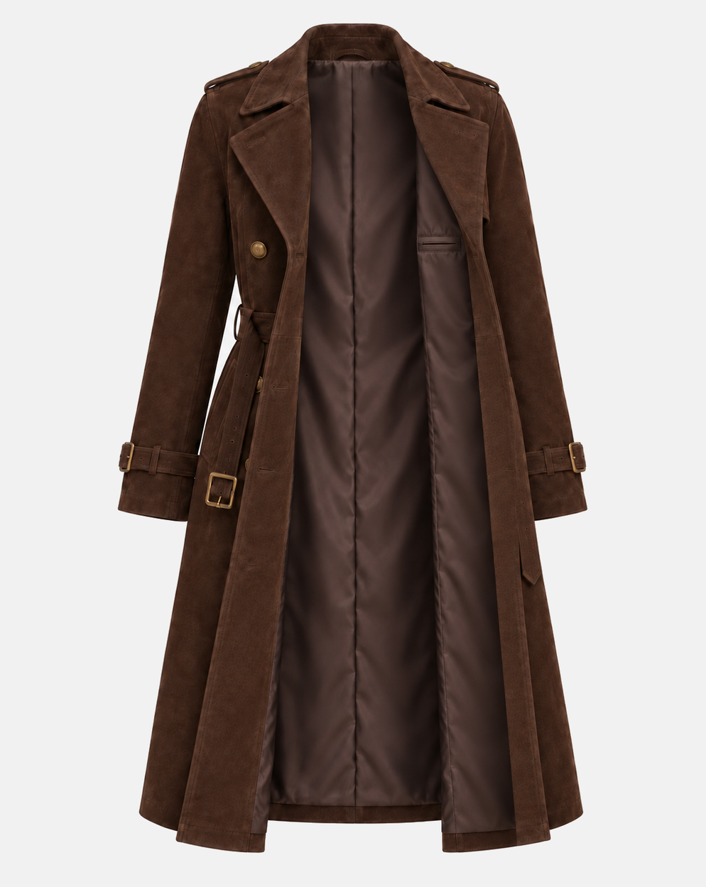Women’s dark chocolate suede trench coat open interior with polyester lining