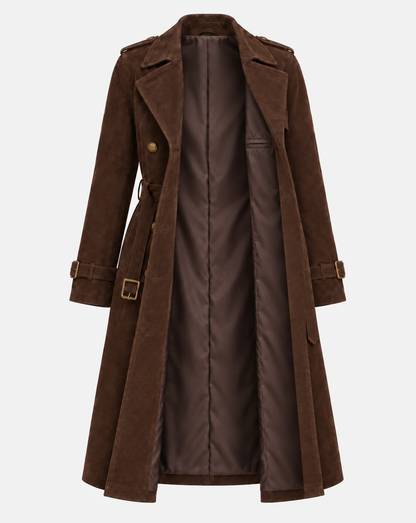 Women’s dark chocolate suede trench coat open interior with polyester lining