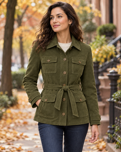 Woman wearing deep olive suede belted safari jacket in an autumn setting