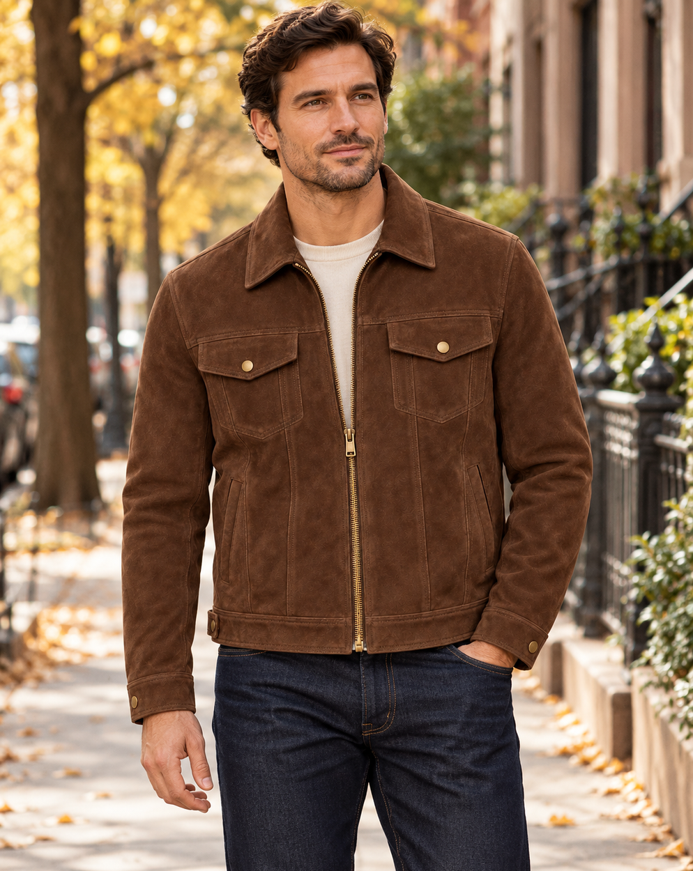 Man wearing tobacco brown suede trucker jacket in an autumn city setting