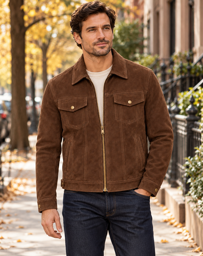 Man wearing tobacco brown suede trucker jacket in an autumn city setting