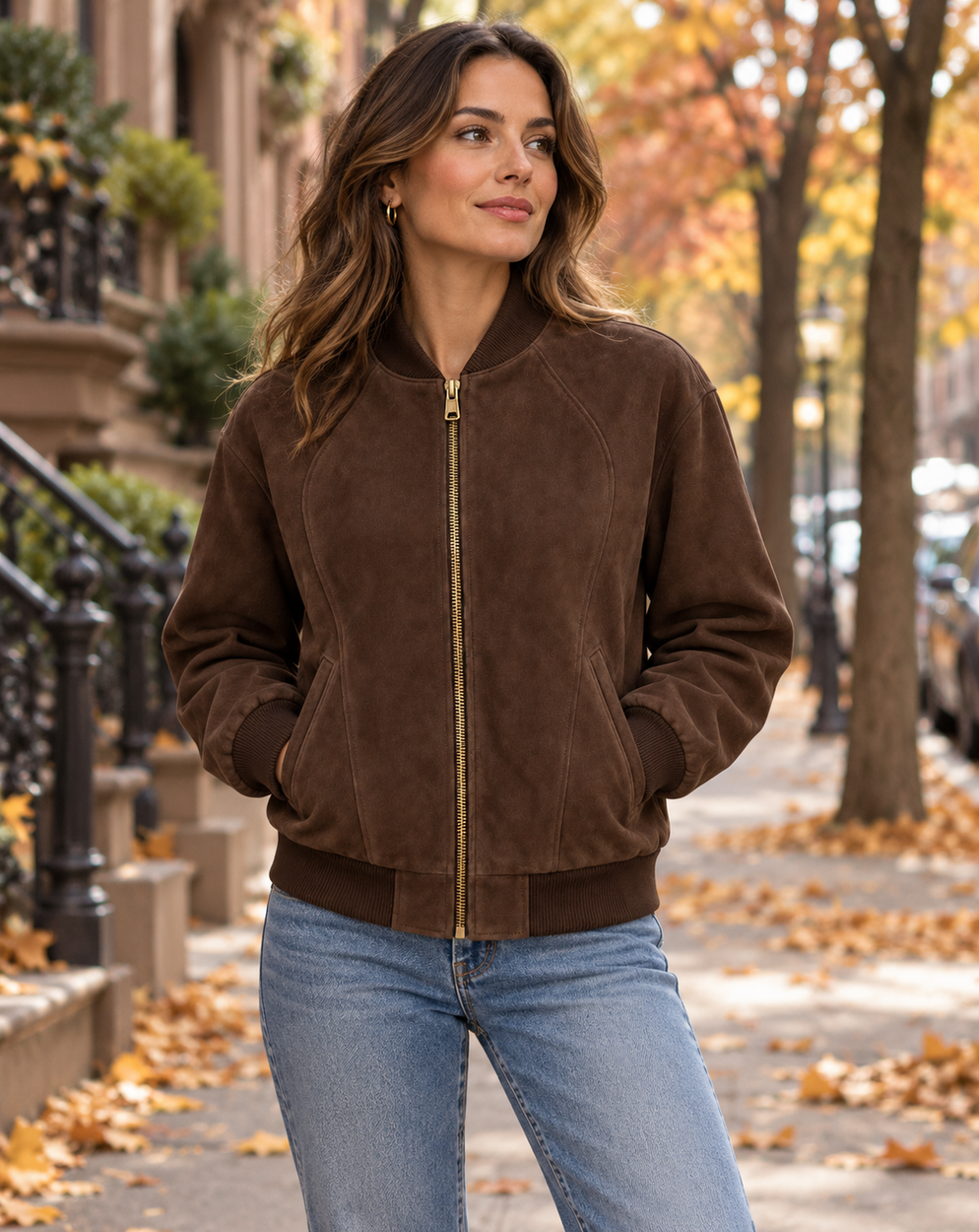 Woman wearing an espresso brown suede bomber jacket in an autumn setting