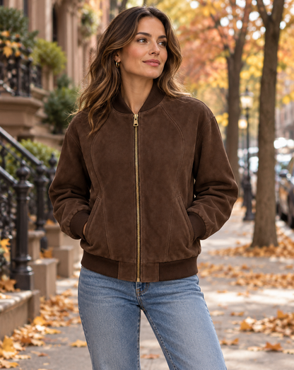 Woman wearing an espresso brown suede bomber jacket in an autumn setting
