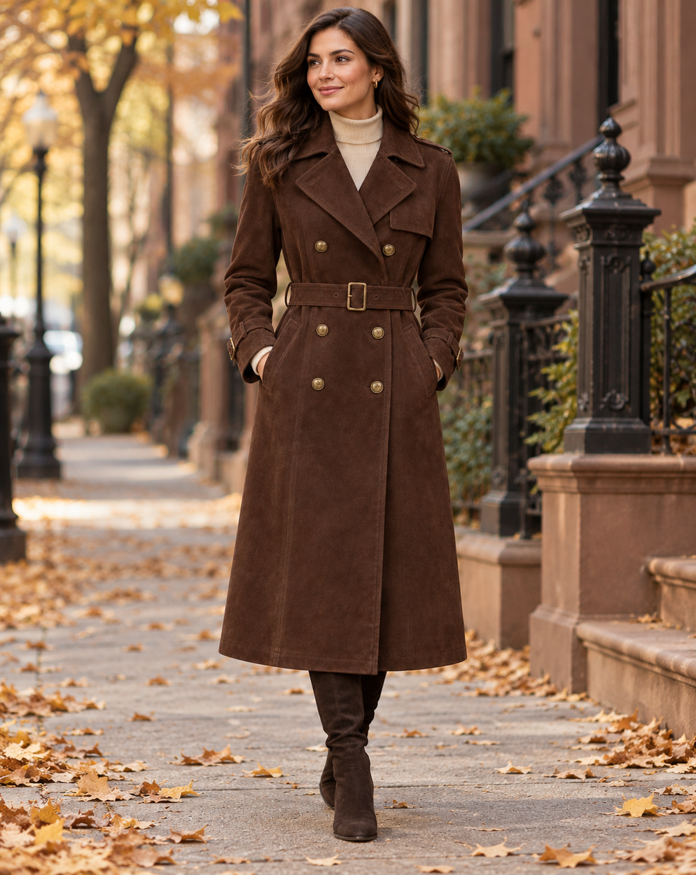 Woman wearing a dark chocolate suede belted trench coat in an autumn setting