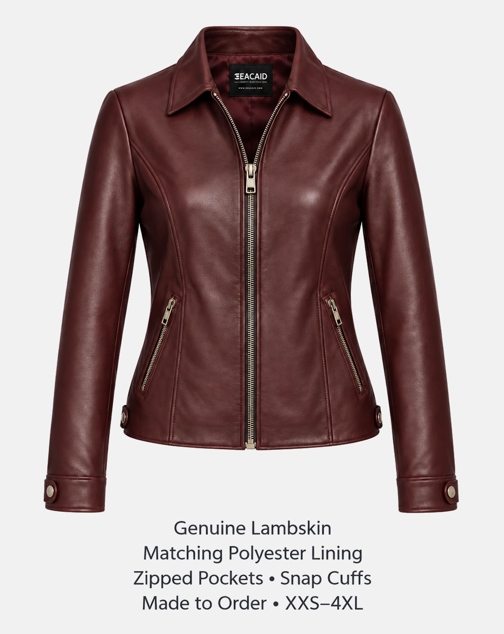 Women's genuine leather jacket features including lining, pockets and made-to-order details