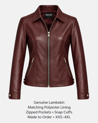 Women's genuine leather jacket features including lining, pockets and made-to-order details